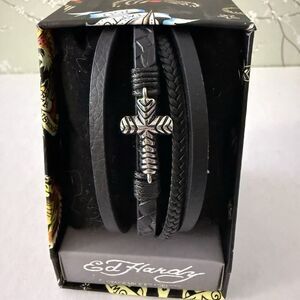 Ed Hardy Cross Stainless Steel Men’s Stackable Bracelet Set Antique Silver Tone